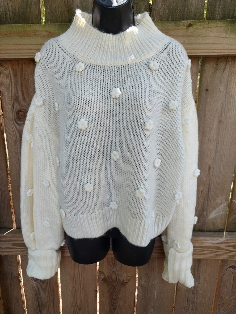 🏵️ Farm Rio Handmade Cream Floral Applique Oversized Knit Sweater XL